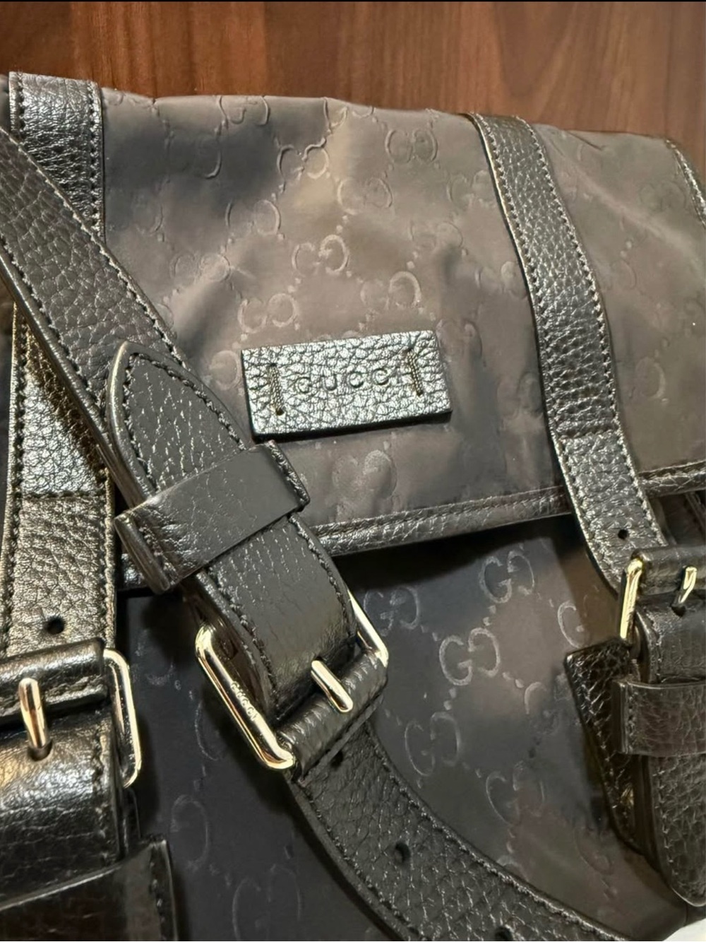 Gucci Black GG Monogram Messenger with Gold Hardware